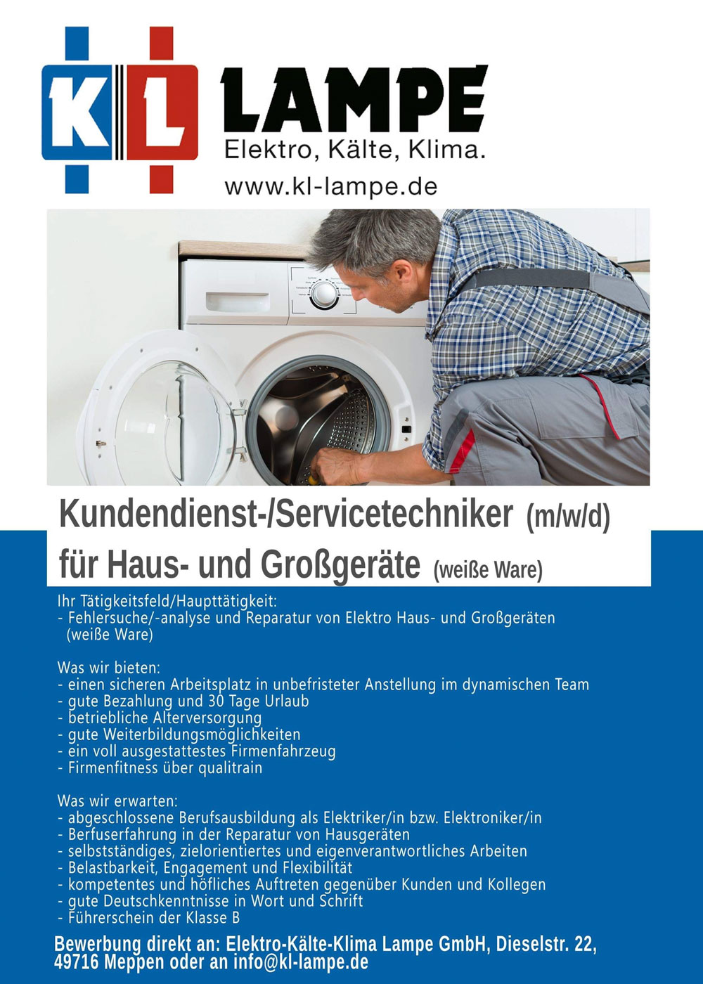 Stellenanzeige Servicetechniker Kundendienst bei KL Lampe in Meppen